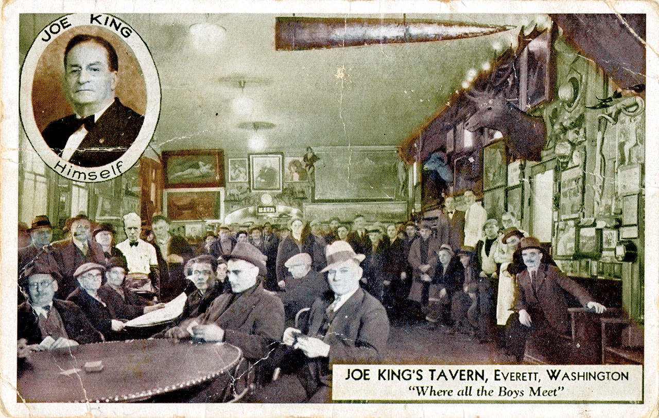 An undated postcard shows the interior of “Joe King’s Tavern” on Hewitt Avenue in Everett Washington. King’s ads often used the phrase, ‘Where all the boys meet.” (Courtesy of Everett Public Library)