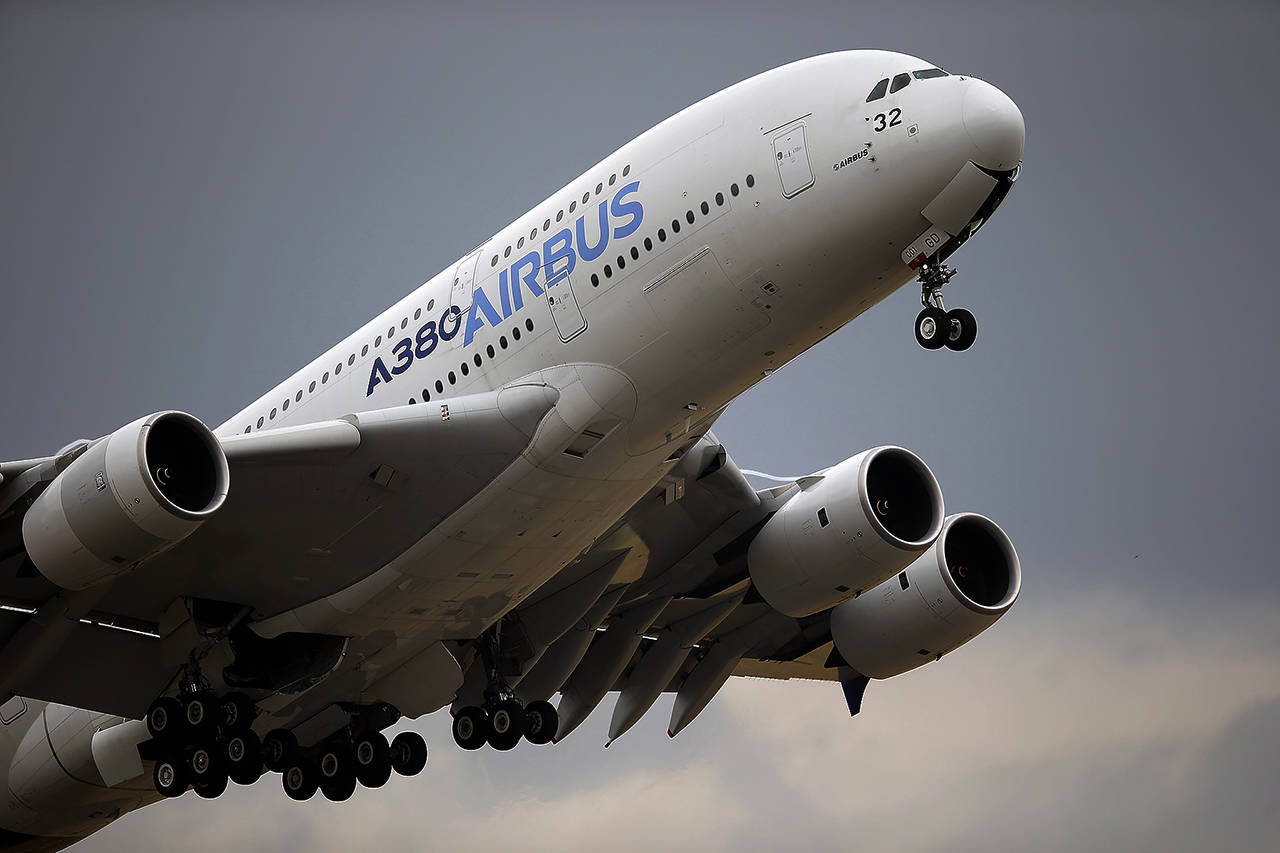 In this 2015 photo, an Airbus A380 takes off for its demonstration flight at the Paris Air Show in Le Bourget airport, north of Paris. (AP Photo/Francois Mori, File)