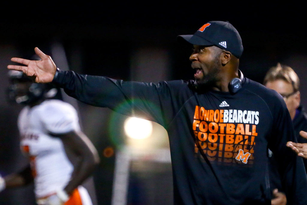 Monroe football coach Michael Bumpus reacts to action on the field during a Sept. 20 game at Lake Stevens. (Kevin Clark / The Herald)
