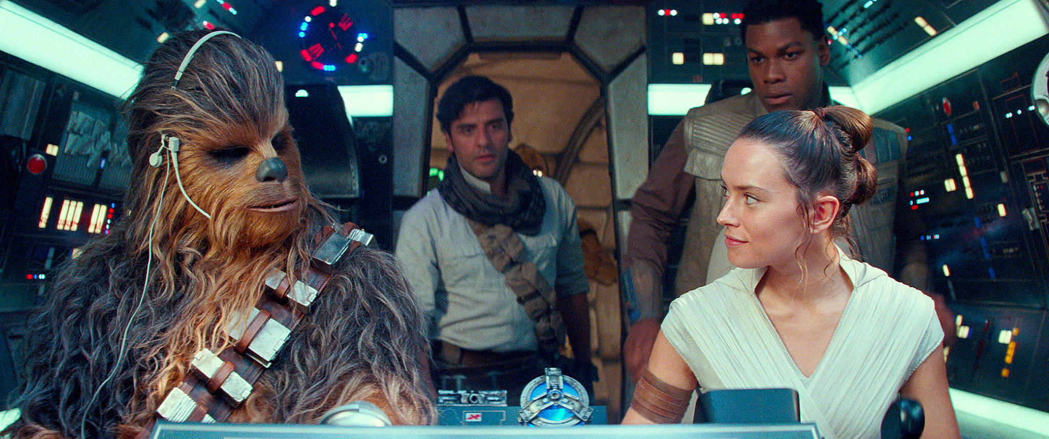 From left, Joonas Suotamo as Chewbacca, Oscar Isaac as Poe Dameron, Daisy Ridley as Rey and John Boyega as Finn in a scene from “Star Wars: The Rise of Skywalker.” (Disney/Lucasfilm Ltd.)