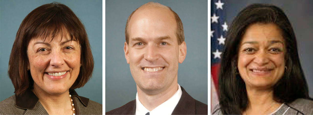 From left, U.S. Reps. Suzan DelBene, Rick Larsen and Pramila Jayapal, all Democrats, represent portions of Snohomish County.