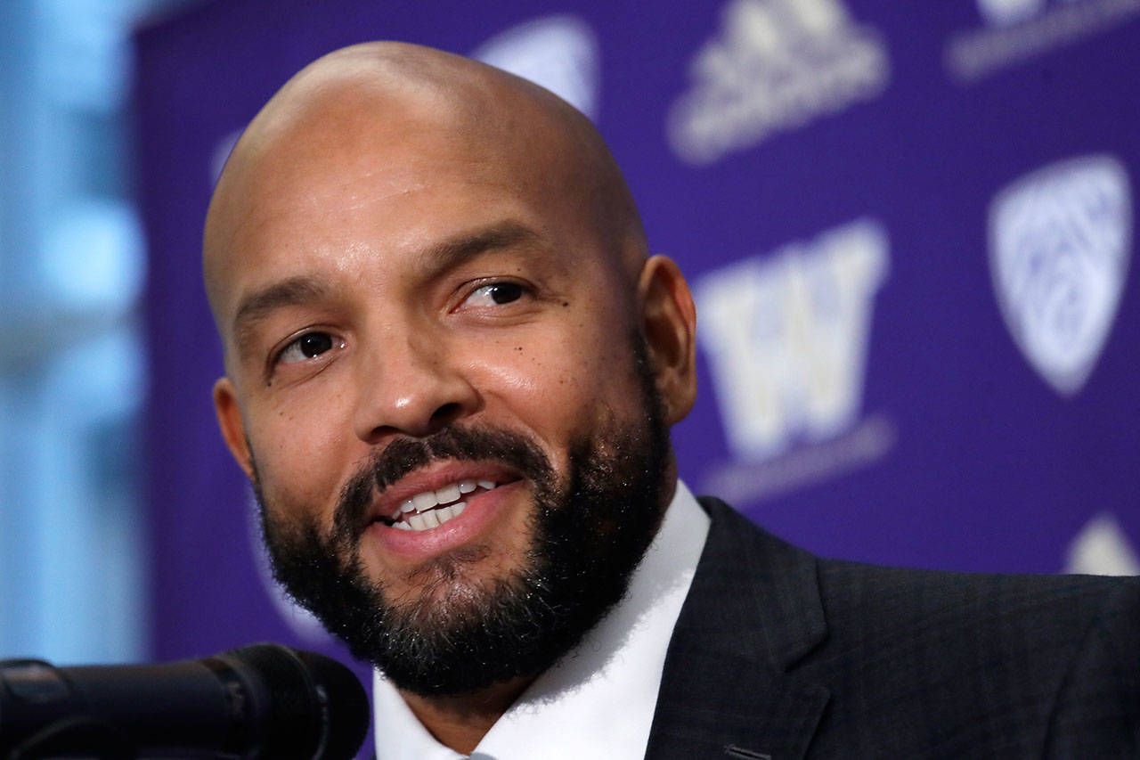 Washington defensive coordinator Jimmy Lake speaks about taking over the head coaching position from Chris Petersen during a news conference Dec. 3, 2019, in Seattle. (AP Photo/Elaine Thompson)