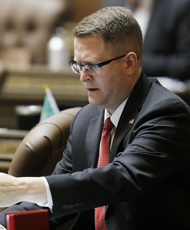 State Rep. Matt Shea, R-Spokane Valley, on the floor of the House at the Capitol in Olympia last April. (AP Photo/Ted S. Warren, File)