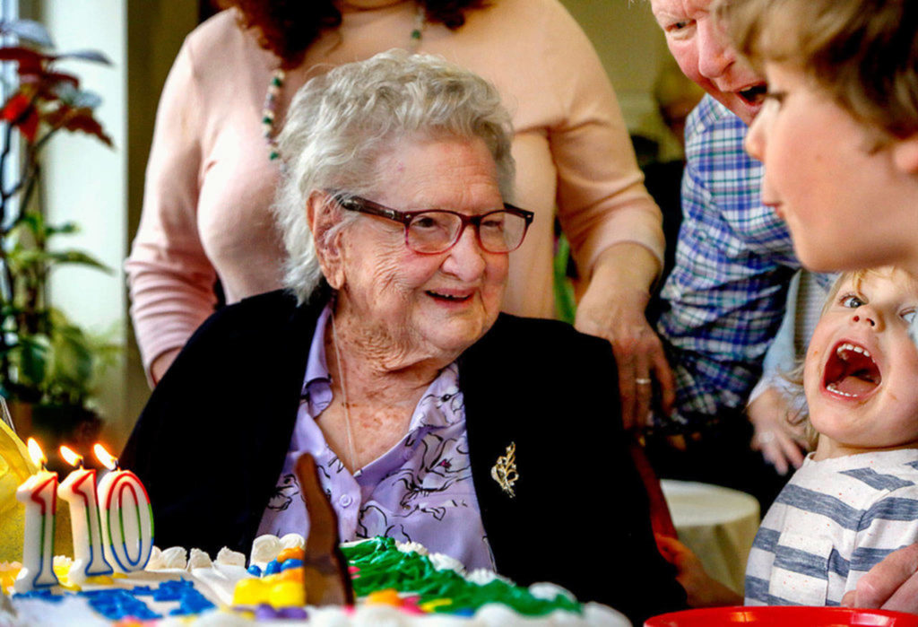 Everett’s LaVerne Bunney, who celebrated her 110th birthday with her family in April, died Sept. 16. (Dan Bates / The Herald)