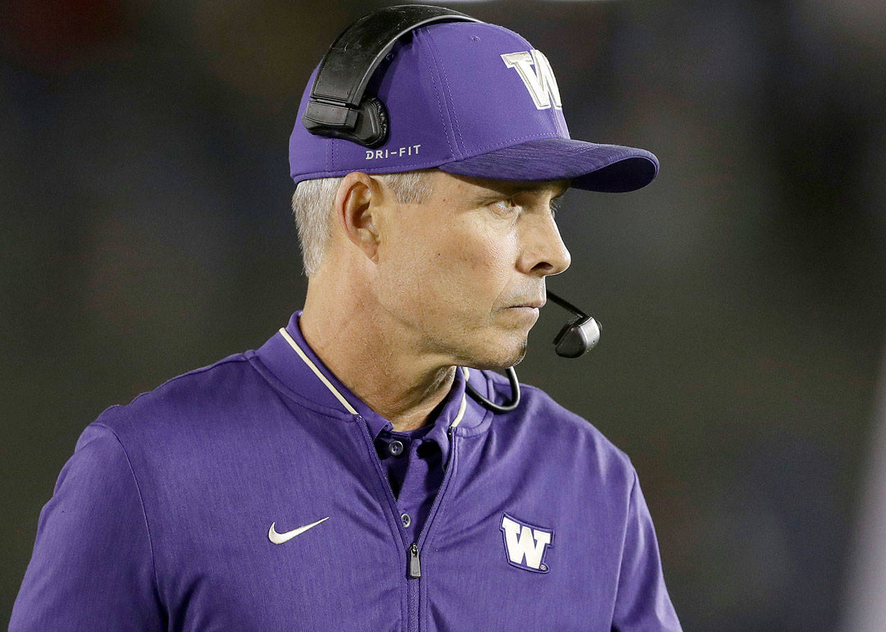 Chris Petersen has 80 wins in six seasons as Washington head football coach. (AP Photo/Marcio Jose Sanchez)