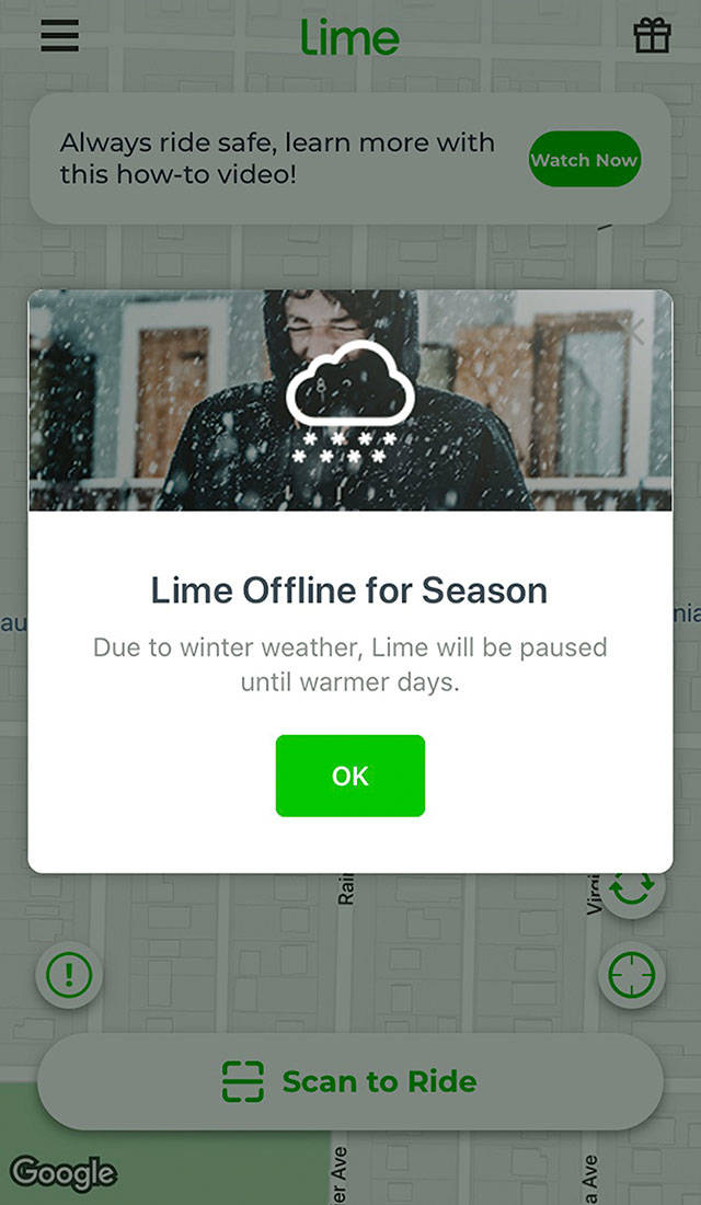 The mobile app for Lime scooters tells users that the service has been suspended for the season.