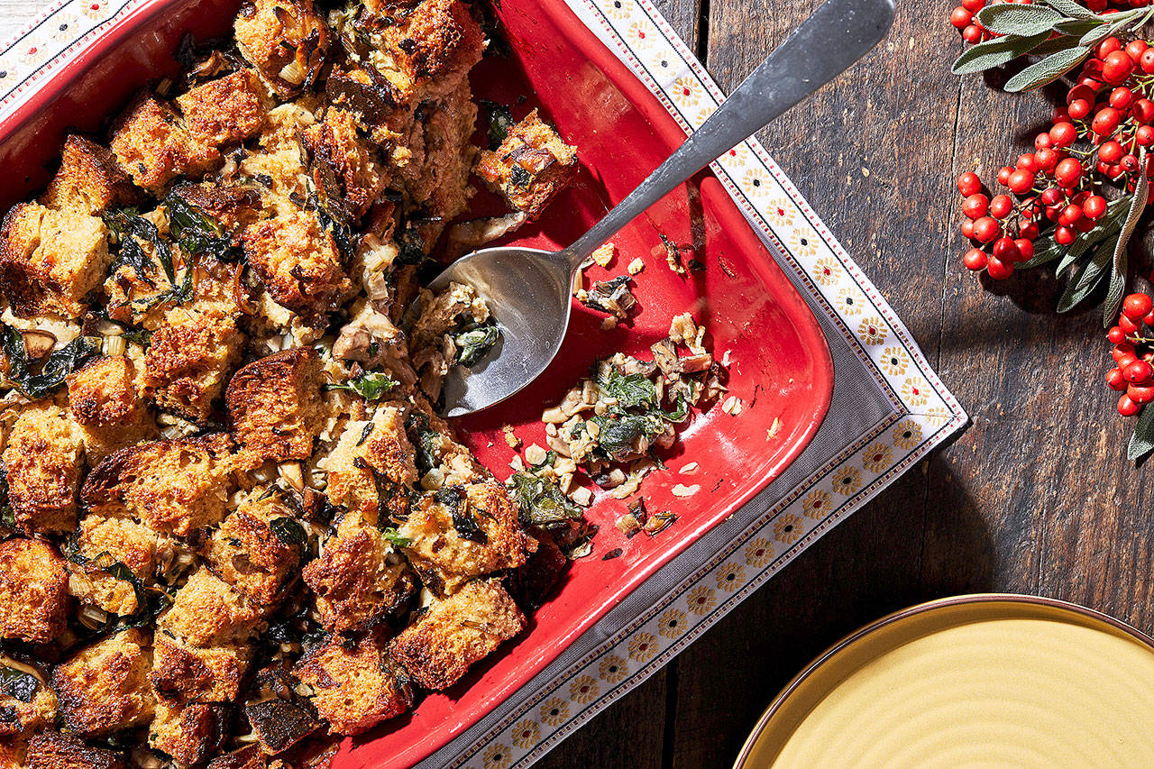 Mushroom and Swiss chard strata with Gruyere makes a sumptuous weekend breakfast during the holidays. (Stacy Zarin Goldberg for The Washington Post)