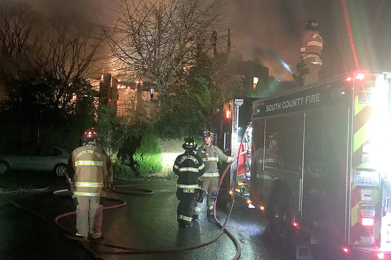 An unoccupied two-story home in the 6900 block of Fisher Road, north of Edmonds, was damaged extensively in a fire Wednesday night. (South County Fire)