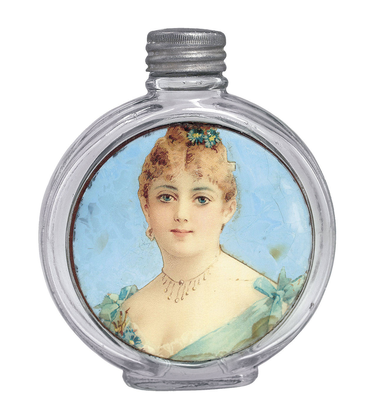 The robin’s egg blue background and good condition of the 5-inch-round flask with a label-under-glass made bidders offer $400 at a catalog and online auction. (Cowles Syndicate Inc.)