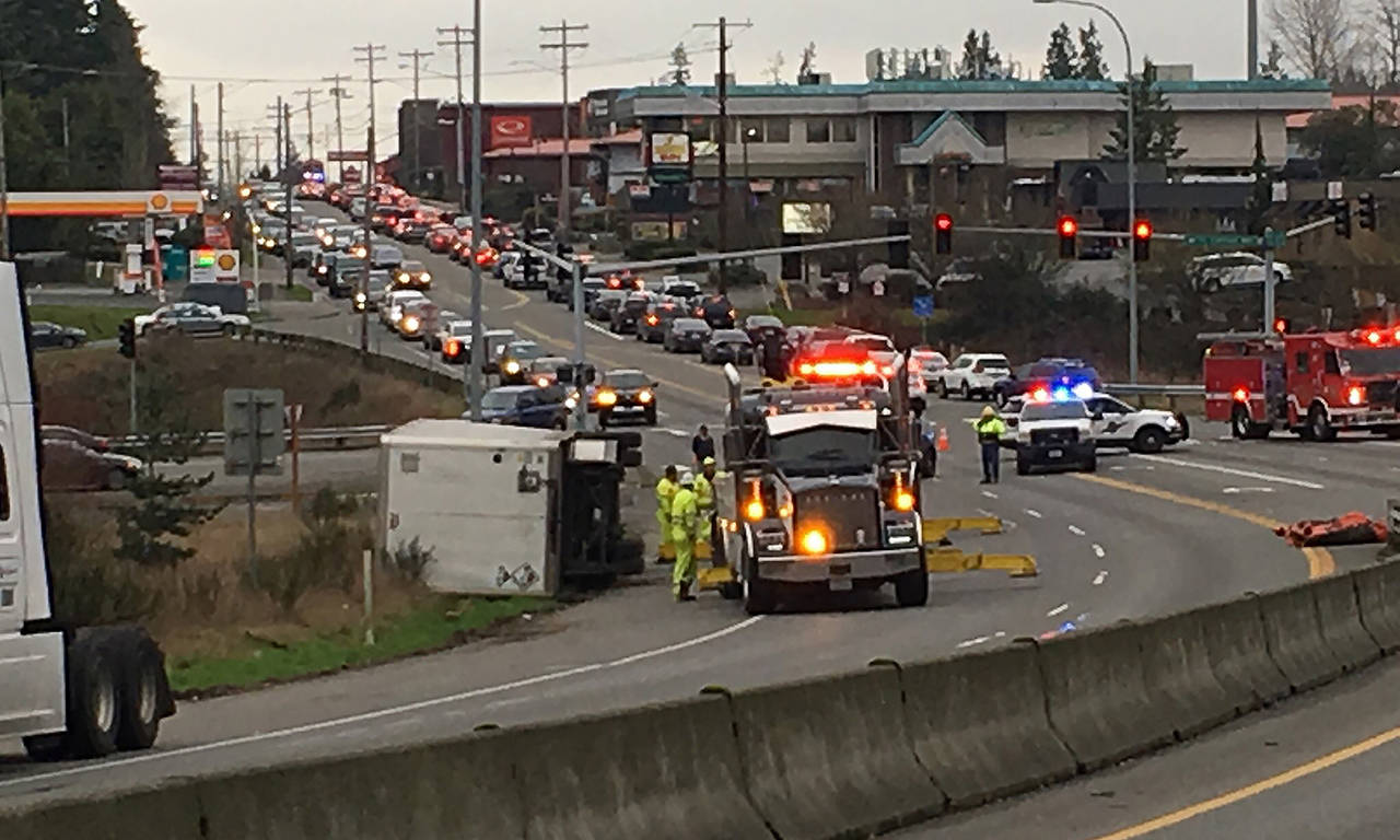 A tractor-trailer that overturned on 19th Ave. SE in Everett jammed up traffic for hours Friday night. (Everett Police Department)
