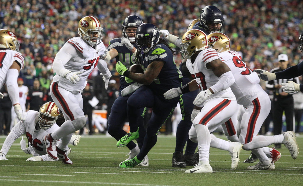 Seattle Seahawks’ Marshawn Lynch run for two yards as the Seahawks lost to the San Francisco 49ers 26-21 at CenturyLink Field on Sunday, Dec. 29, 2019 in Seattle, Wash. (Andy Bronson / The Herald)
