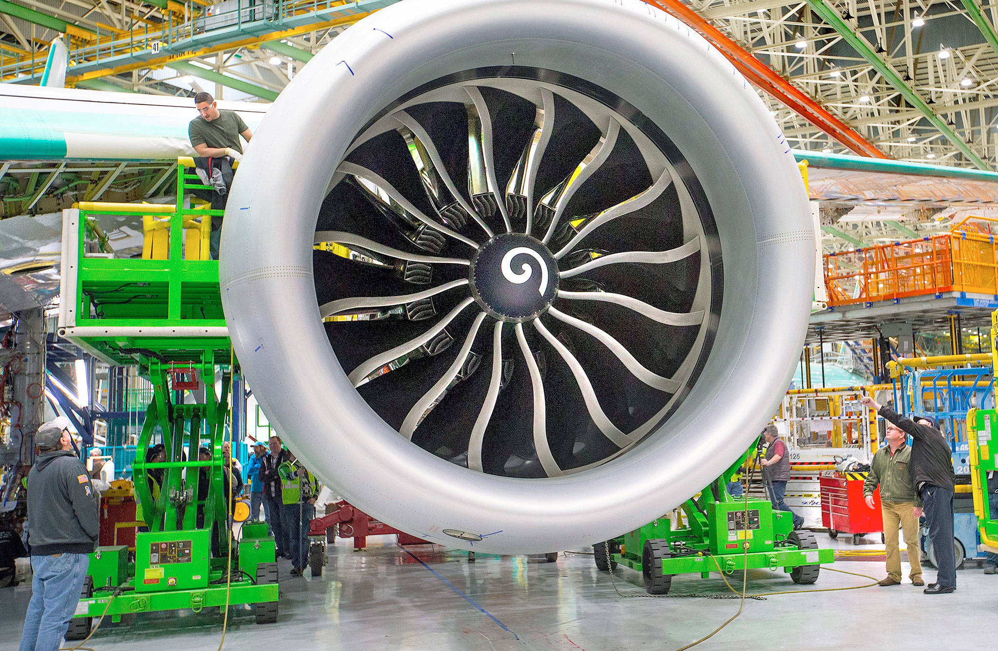 A GE9X engine of a Boeing 777X is seen here inside the Everett assembly plant. A problem with the engine will delay the first flight of the new plane. (Mike Siegel/The Seattle Times/TNS)