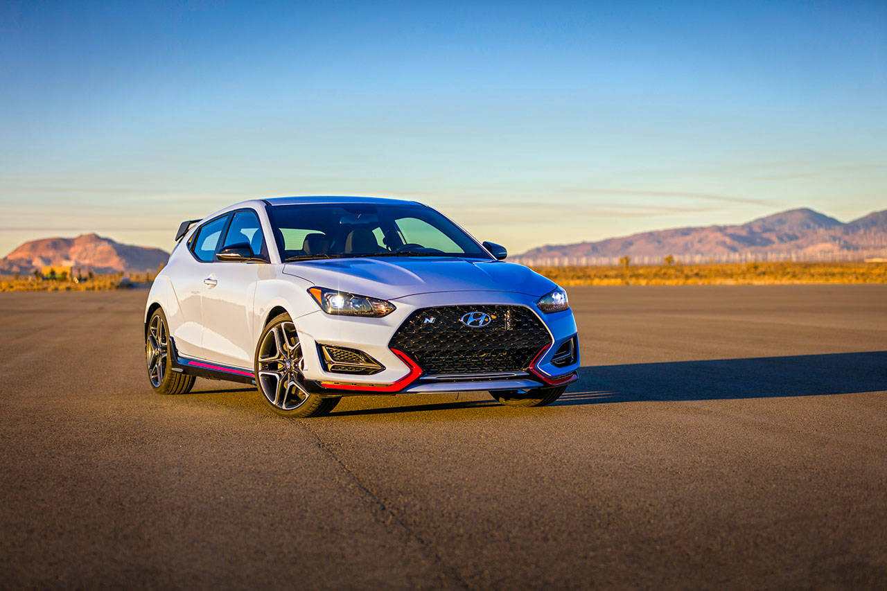 The Veloster N is Hyundai’s highest performance vehicle in the U.S. It has a 250-horsepower turbocharged four-cylinder engine and six-speed manual transmission. (Manufacturer photo)