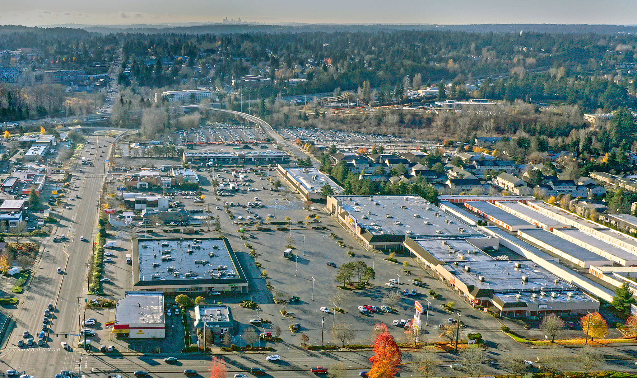 Site of the proposed Northline Village development in Lynnwood, with 44th Avenue West at left and 196th Street SW in the foreground. (Chuck Taylor / The Herald)
