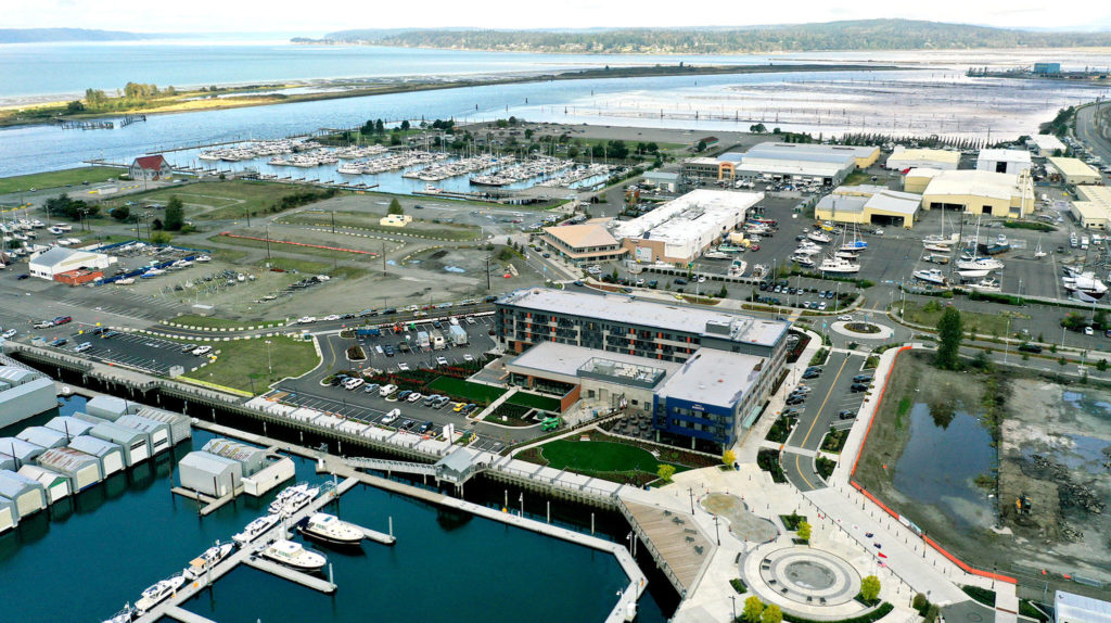 The Waterfront Place development district of the Port of Everett, with the Hotel Indigo (bottom center). (Chuck Taylor / The Herald) 
