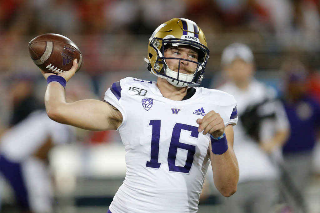 Dylan Morris, who will be a redshirt freshman next season, will be in the competition to be Washington’s starting quarterback after the departure of Jacob Eason. (AP Photo/Rick Scuteri)
