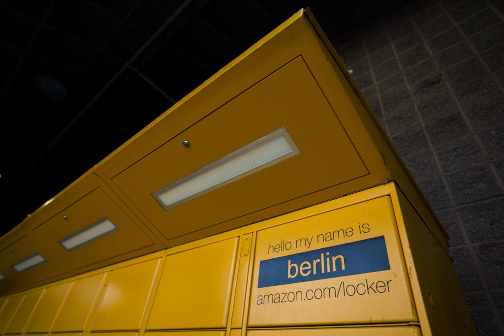 Amazon Locker “Berlin” outside of Safeway on the corner of 41st Street and Rucker Avenue on Thursday, Jan. 2, 2020 in Everett, Wash. (Olivia Vanni / The Herald).
