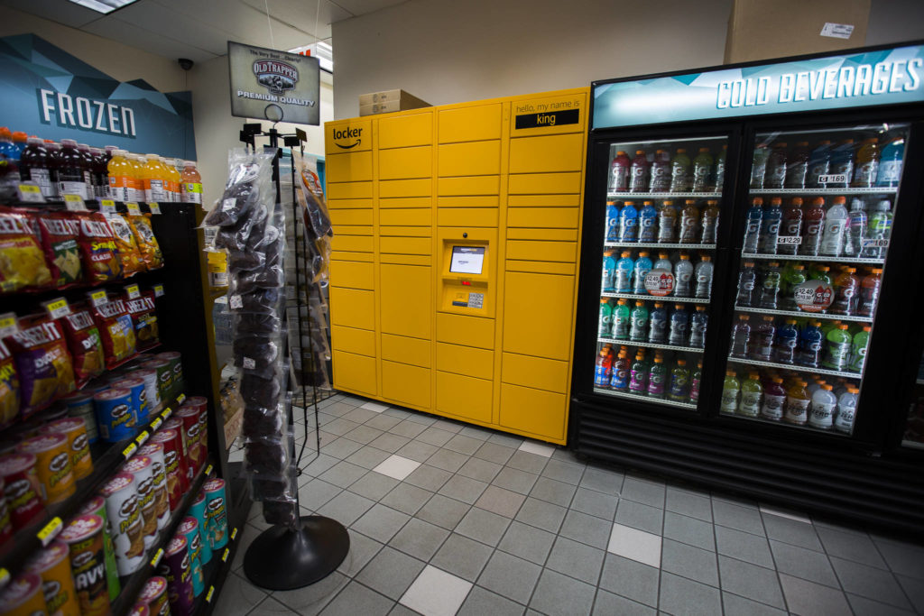 Amazon Locker “King” inside the Chevron on the corner of 41st Street and Rucker Avenue on Thursday, Jan. 2, 2020 in Everett, Wash. (Olivia Vanni / The Herald).
