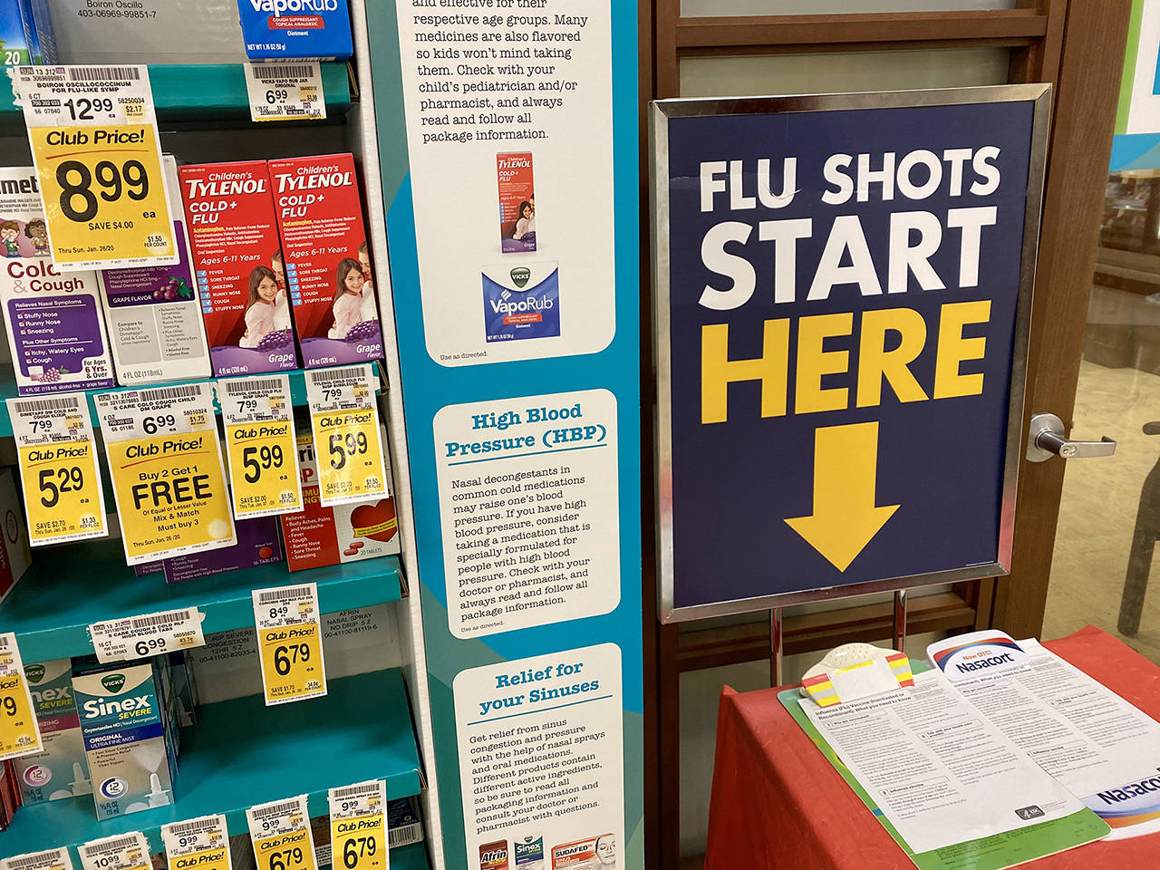 Flu shots are available at a variety of places throughout Snohomish County, including this Safeway in Everett. (Sue Misao / The Herald)
