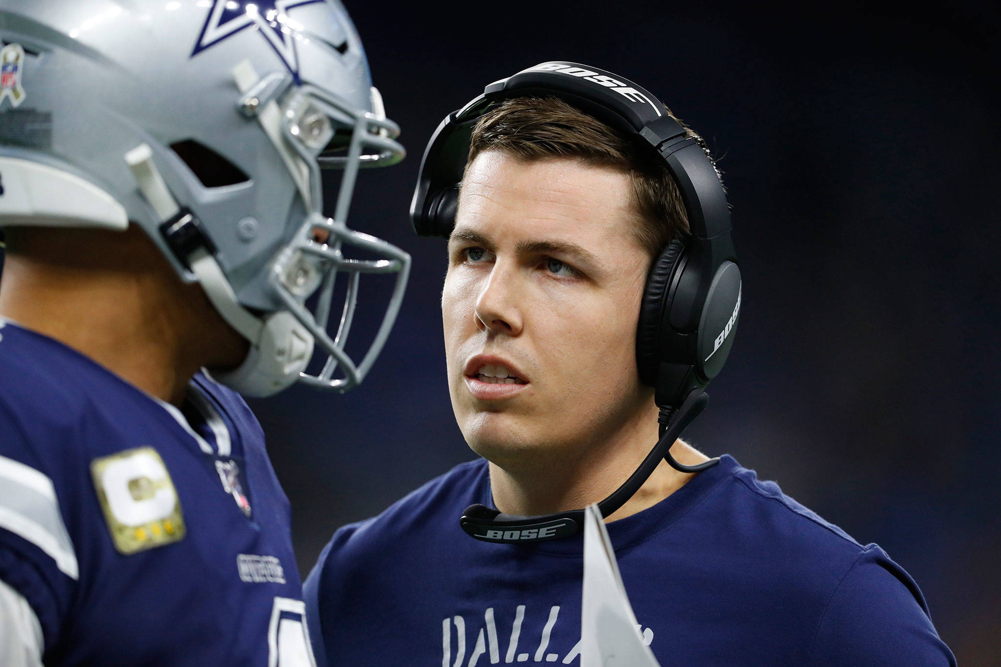 Cowboys offensive coordinator Kellen Moore, a Prosser High School alum, could be an option for the Huskies if Moore loses his job in Dallas. (AP Photo/Paul Sancya)