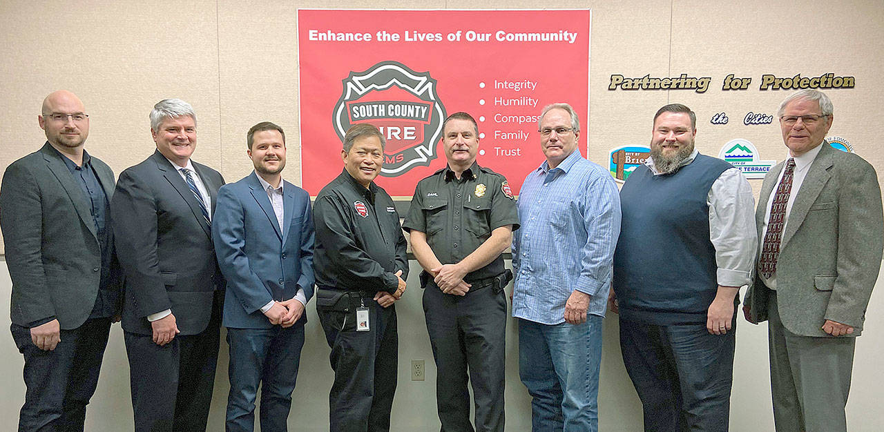 The board and fire chief of South County Fire is (from left) Commissioner Greg Urban, Board Chairman Jim Kenny, Commissioner Chris Teofilak, Commissioner David Chan, interim Fire Chief Doug Dahl, Commissioner Mark Laurence, Commissioner Drew Burnett and Commissioner Bob Meador. (South County Fire)