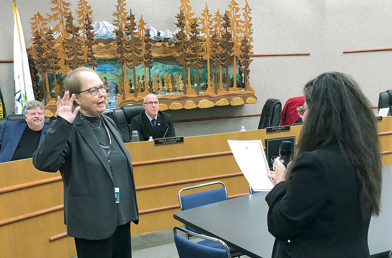 Mill Creek City Councilmember Pam Pruitt takes her oath of office Jan. 7. She was voted to a fifth term as the mayor, an honorary position in the city’s government, by the council. (Mill Creek)