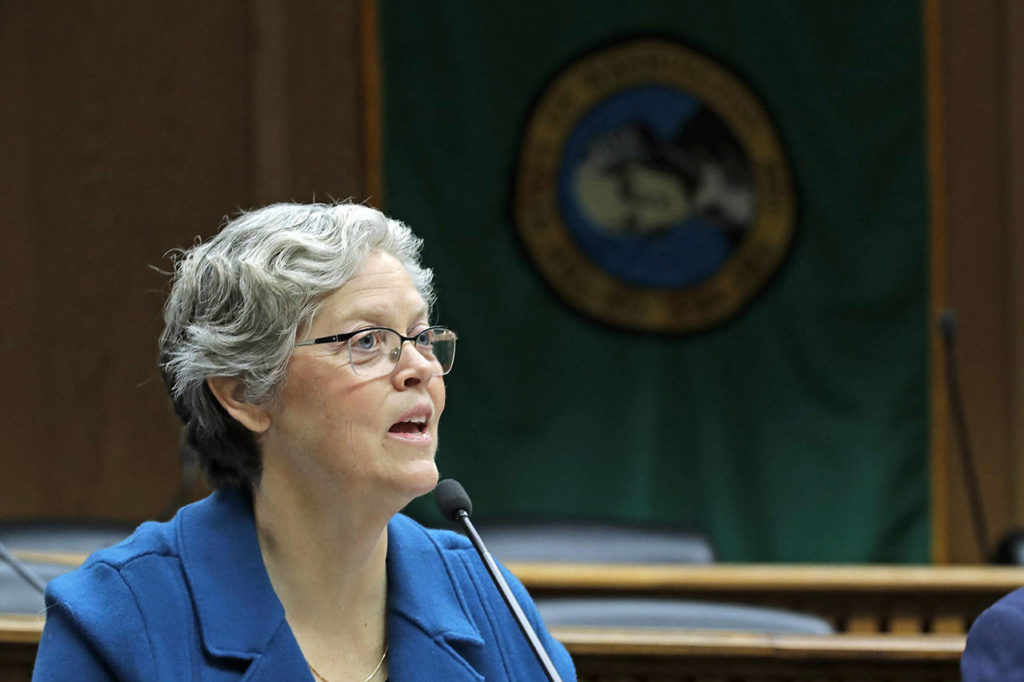 House Speaker Designate Laurie Jinkins, D-Tacoma, speaks during the AP Legislative Preview on Thursday at the Capitol in Olympia. (AP Photo/Ted S. Warren)
