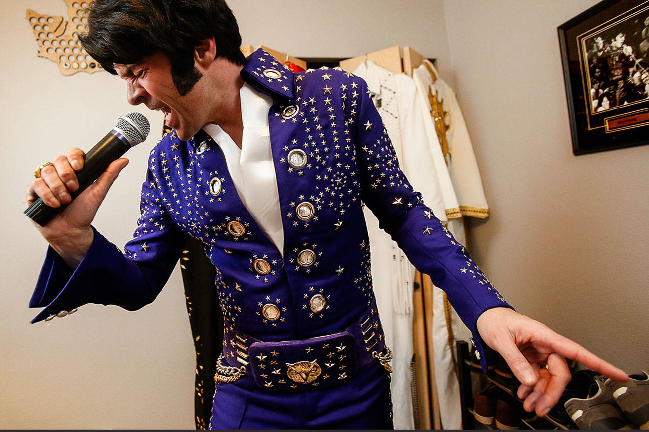 Everett’s Rob Schwertley, 40, performs all The King’s hits as Elvis tribute artist Robbie Dee, but his favorites are Presley songs from the 1970s. (Dan Bates / The Herald)