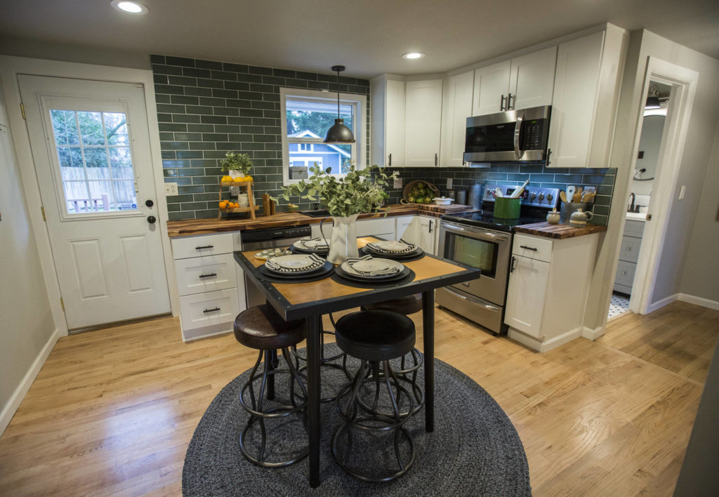 The remodeled kitchen of the modeled Everett home that will be in an episode of the HGTV series “Unsellable Houses” (Olivia Vanni / The Herald)
