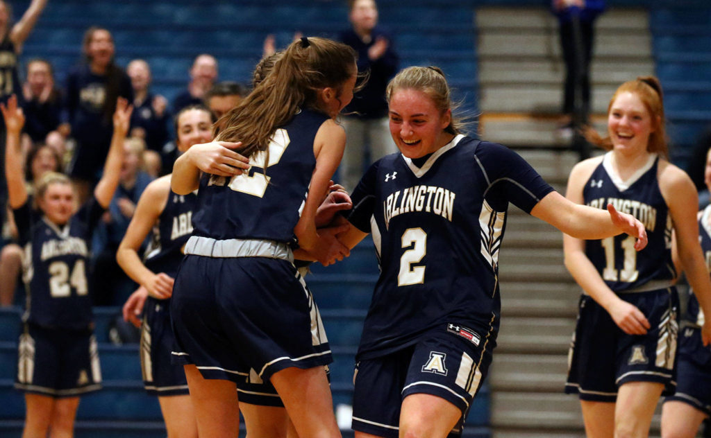 Arlington defeated Meadowdale 61-40 Friday evening at Meadowdale High School in Lynnwood on January 3, 2020. (Kevin Clark / The Herald)
