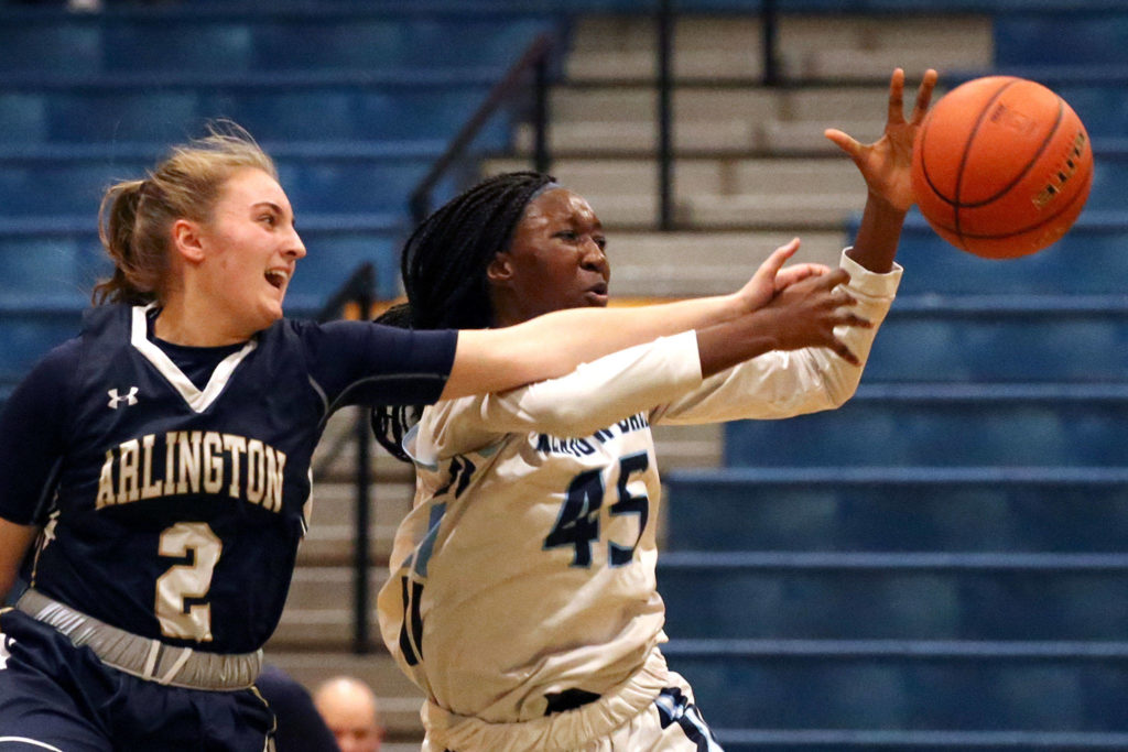 Arlington defeated Meadowdale 61-40 Friday evening at Meadowdale High School in Lynnwood on January 3, 2020. (Kevin Clark / The Herald)
