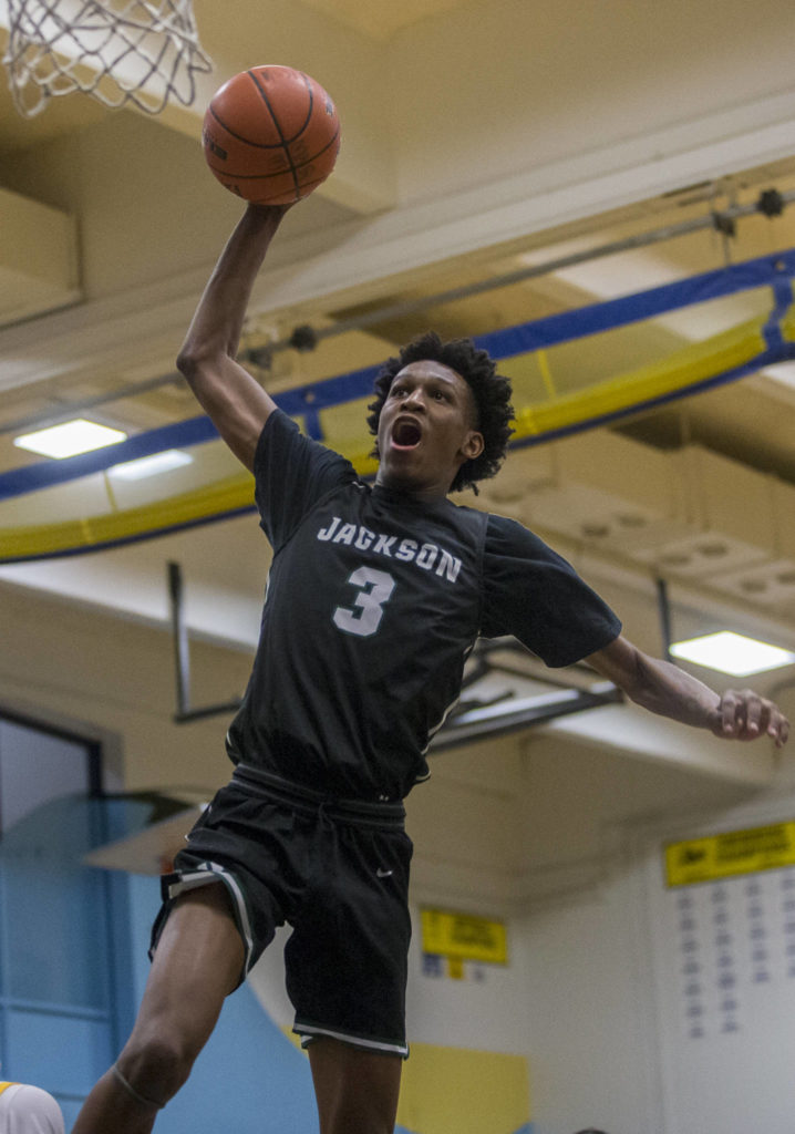 Jackson’s Jaylen Searles dunks during the game at Mariner High School on Friday, Jan. 3, 2020 in Everett, Wash. (Olivia Vanni / The Herald).
