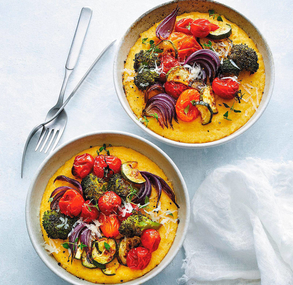 This polenta bowl topped with roasted vegetables is an easy (and easy to adapt) weeknight dinner. (Antonis Achilleos)
