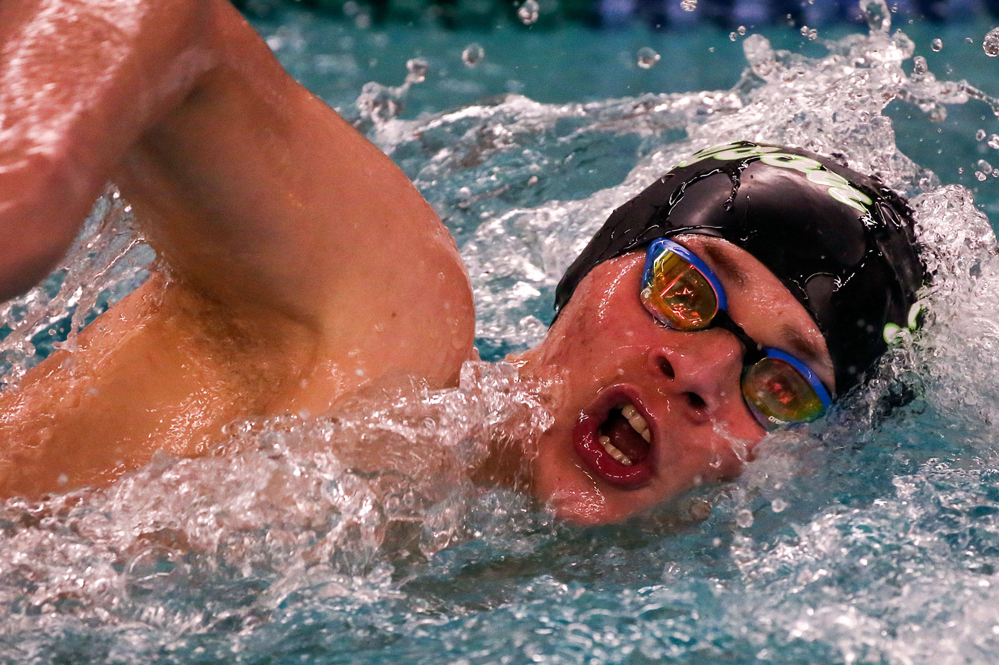 Jackson’s Jensen Elsemore competes in the 200-yard freestyle during a meet against Shorewood on Tuesday afternoon at Shoreline Pool. (Kevin Clark / The Herald)