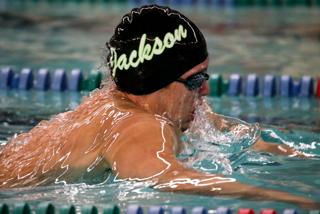 Jackson’s Justin Limberg competes in the 200-yard IM during a meet against Shorewood on Tuesday afternoon at Shoreline Pool. (Kevin Clark / The Herald)

