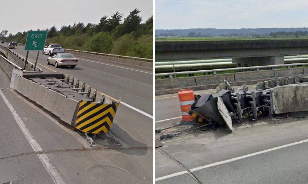 Following a collision last year, the safety barrier (called an impact attenuator) looked like the photo on the right. To replace it, contractor crews will close the ramp and one lane of westbound US 2 between the SR 204 and I-5 interchanges from 8 p.m. to 4 a.m. nightly starting Monday. (Washington State Department of Transportation)