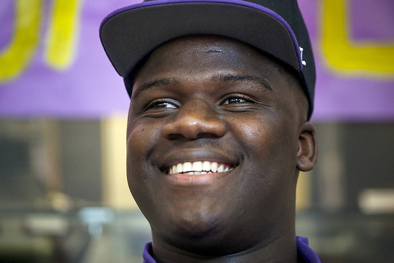 Edmonds-Woodway High School graduate Ali Gaye, who’s joining the LSU football team as a defensive end for the 2020 season, will be an interested spectator when the Tigers take on Clemson in the CFP national championship game Monday night. (Ian Terry/The Herald)