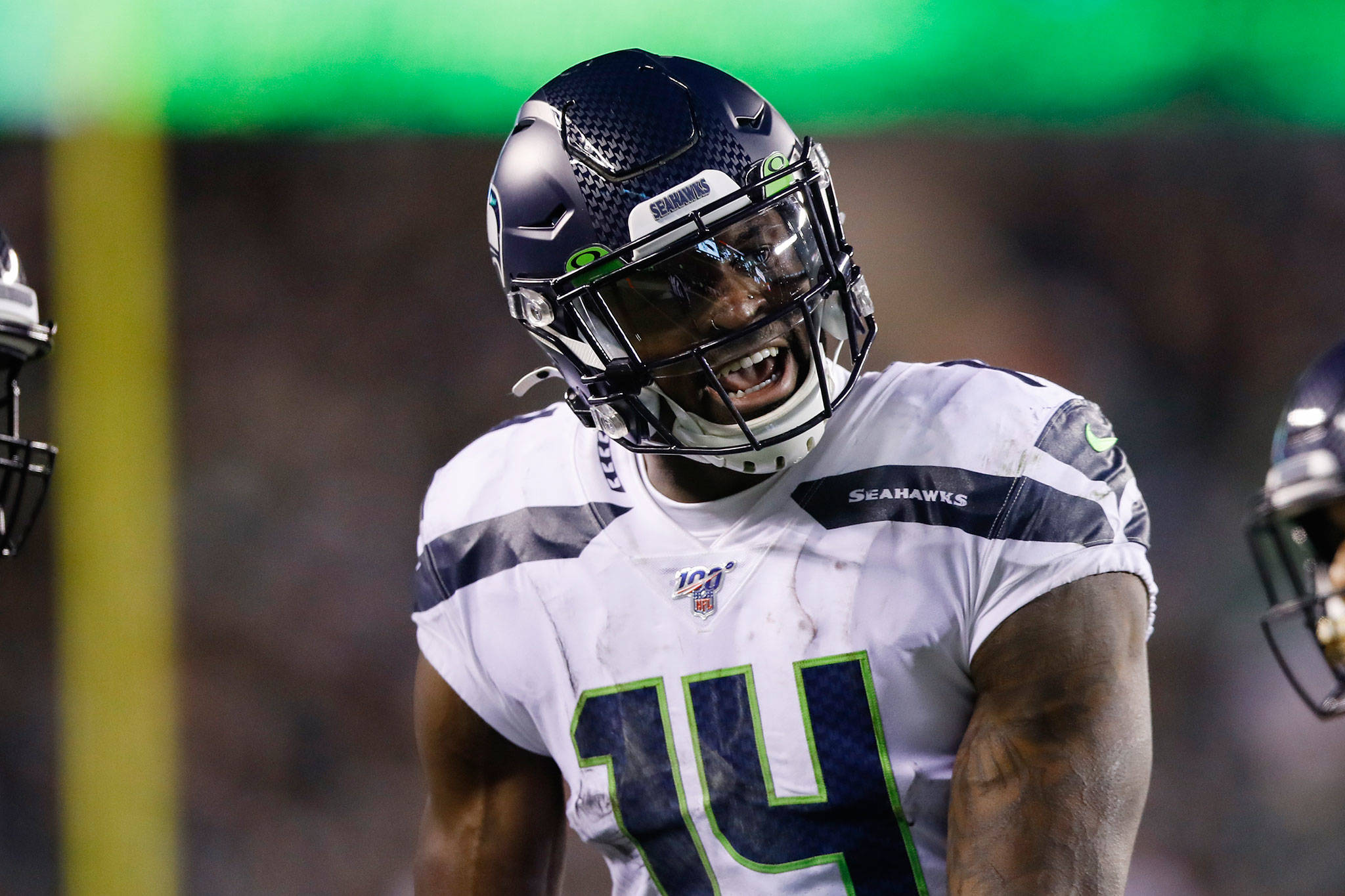 Seahawks wide receiver DK Metcalf had seven catches for 160 yards and a touchdown in Seattle’s 17-9 wild-card victory over the Eagles this past Sunday in Philadelphia. (AP Photo/Matt Rourke)