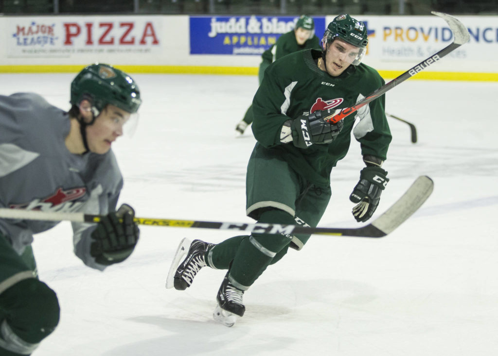 Ty Kolle skates after the puck during Silvertips practice at Angel of the Winds Arena on Thursday, Jan. 9, 2020 in Everett, Wash. (Olivia Vanni / The Herald).
