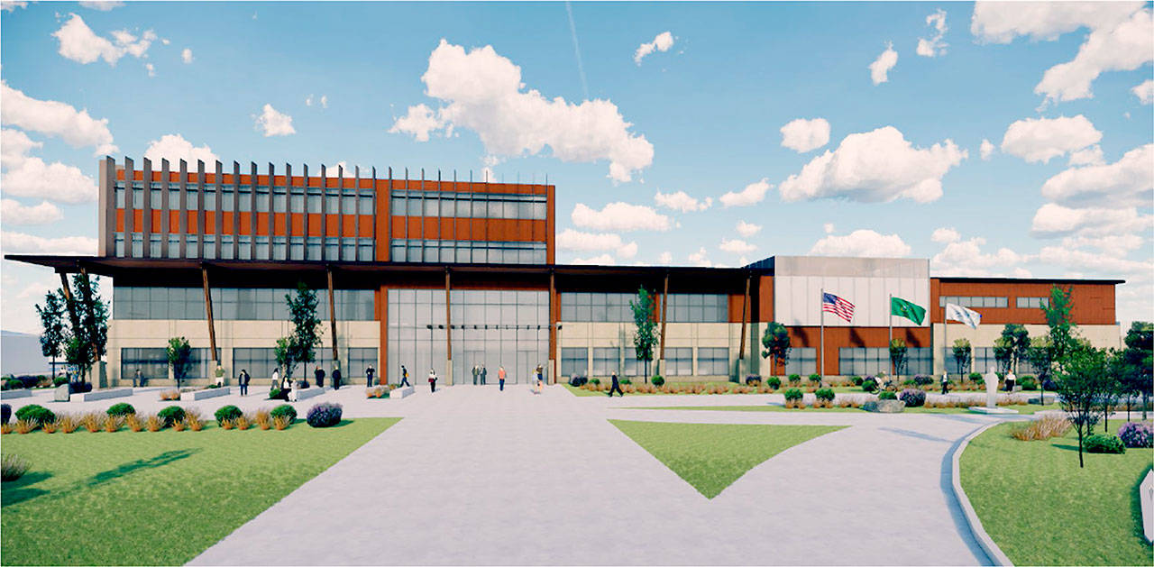 A rendering of the proposed Marysville civic center. The left side of the building is for city hall and other services, and the right is for the jail, courts and police department. (City of Marysville)