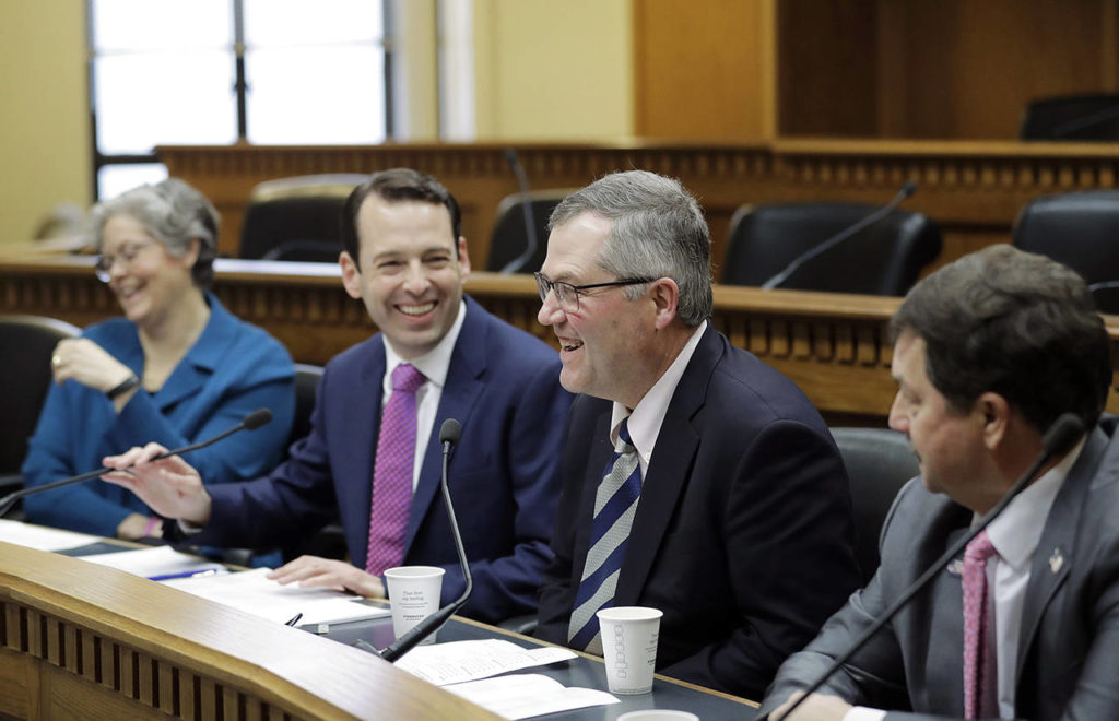 From left, House Speaker Designate Laurie Jinkins, D-Tacoma; Senate Majority Leader Andy Billig, D-Spokane; House Minority Leader J.T. Wilcox, R-Yelm; and Senate Minority Leader Mark Schoesler, R-Ritzville take part in the AP Legislative Preview on Thursday at the Capitol in Olympia. (AP Photo/Ted S. Warren)
