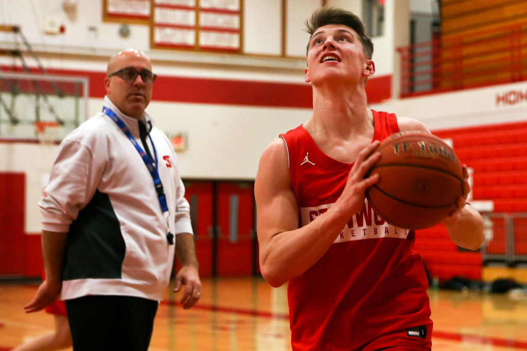 Jake Cleary, junior, during practice Thursday afternoon at Stanwood High School on January 9, 2020. (Kevin Clark / The Herald)
