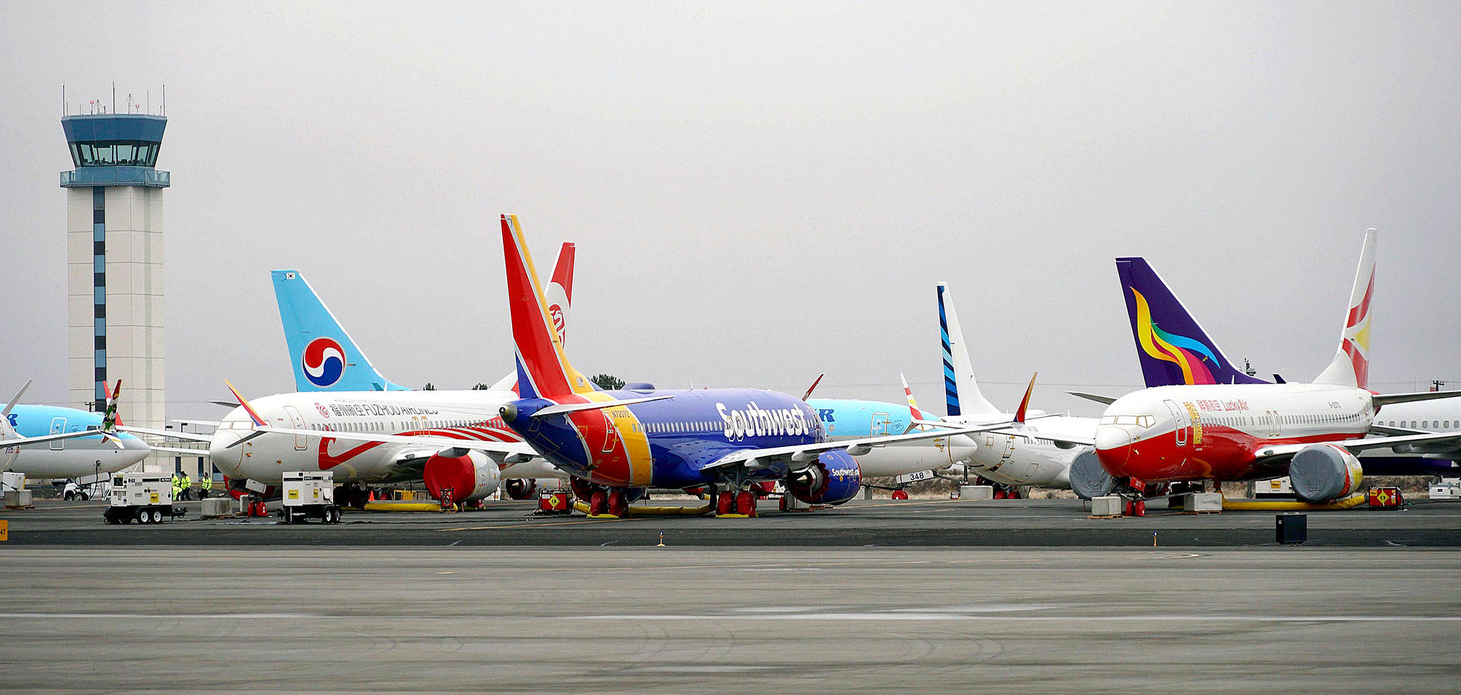 Grounded Boeing 737 Max airplanes are parked at Grant County International Airport in Moses Lake on Dec. 10. ( The Yomiuri Shimbun via AP Images, file)