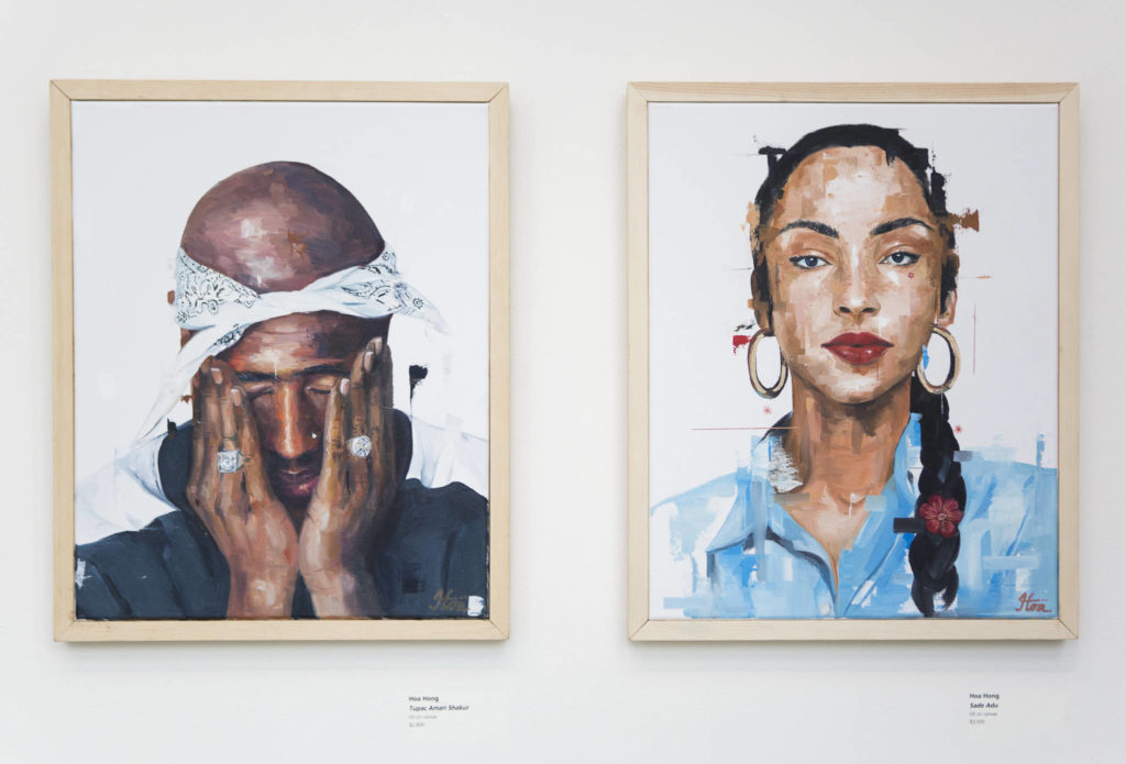 Hoa Hong’s portraits of Tupac Amari Shakur and Sade Adu on display at the Schack Art Center. (Olivia Vanni / The Herald).
