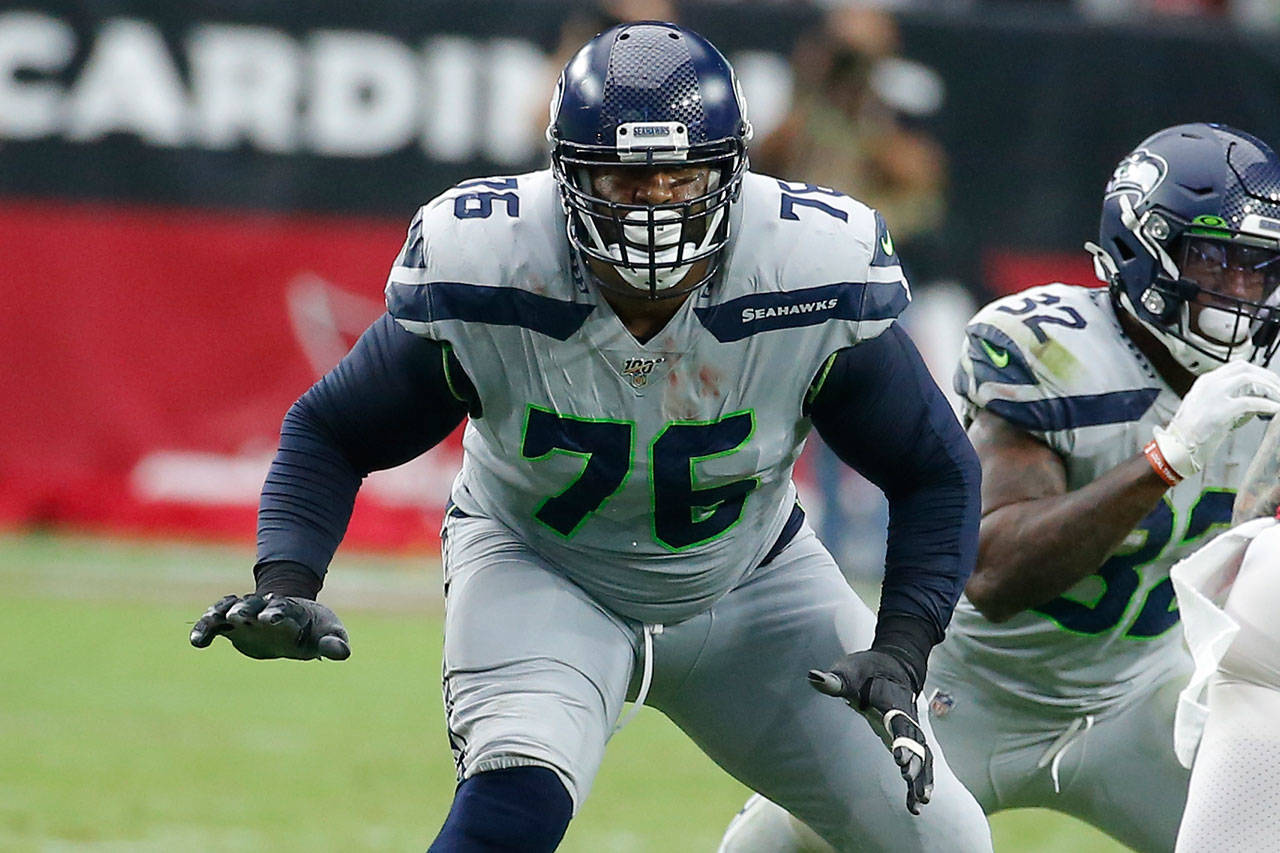 Seahawks offensive tackle Duane Brown is questionable to play against the Packers on Sunday after missing the previous two games due to knee surgery. (AP Photo/Rick Scuteri)