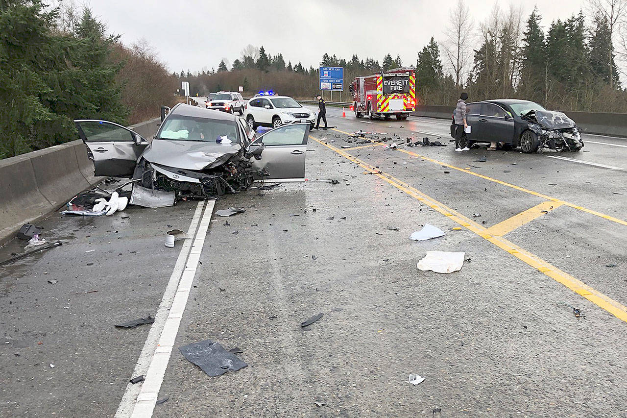 Two people, including a small child, had serious injuries from a three-car crash Sunday afternoon on U.S. 2 near Highway 9 and Bickford Avenue in Snohomish. (Washington State Patrol)