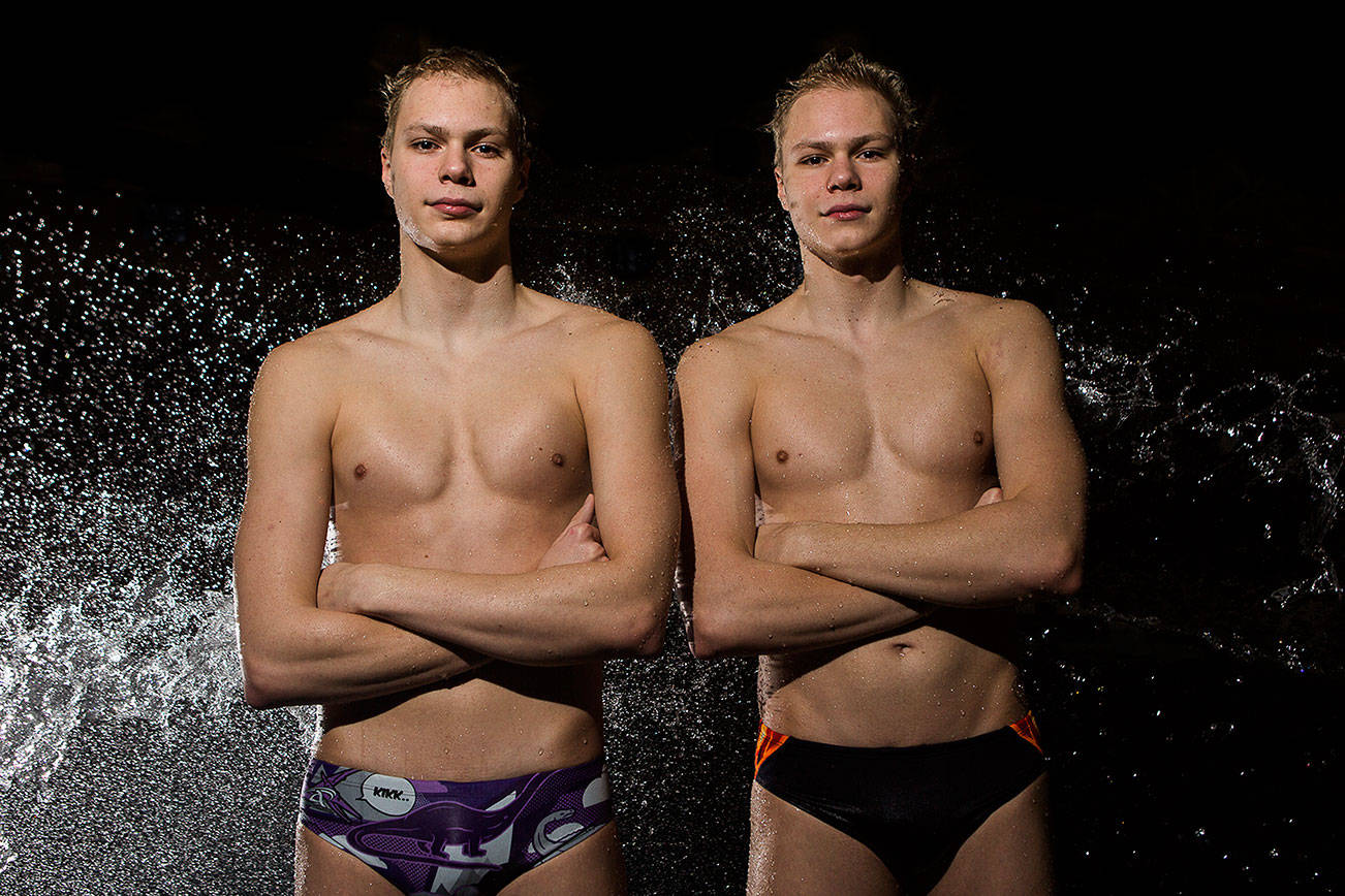 Kamiak swimmers and brothers, Slava Gilszmer, left, and Vlad Gilszmer, right, at Kamiak High School on Friday, Dec. 27, 2019 in Mukilteo, Wash. (Olivia Vanni / The Herald).