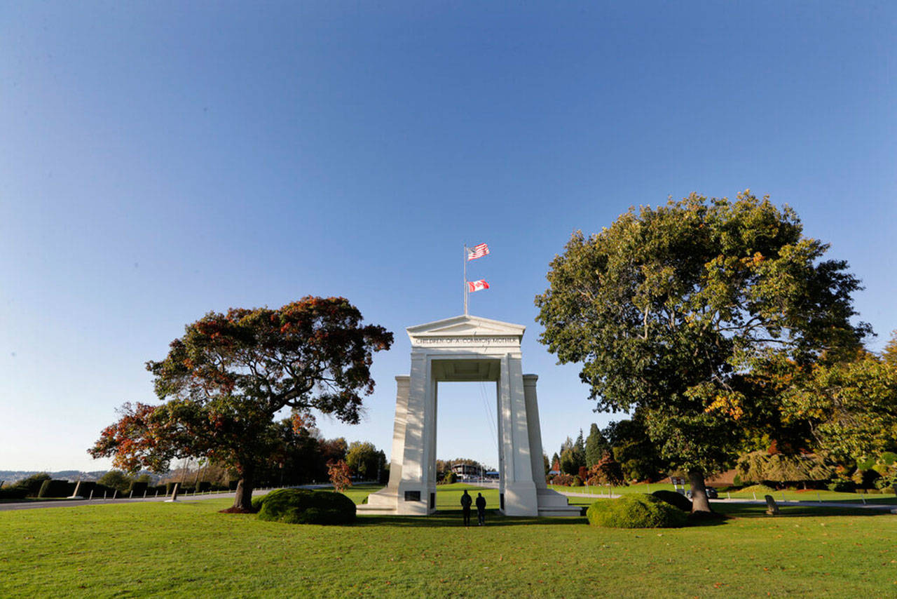 Peace Arch Park, which straddles the international boundary between the United States and Canada, is marked by the Peace Arch, in Blaine in October of last year. Civil rights groups and lawmakers were demanding information from federal officials following reports that dozens of Iranian-Americans were held up and questioned at the border as they returned to the United States from Canada earlier this month. (Elaine Thompson / Associated Press file photo)