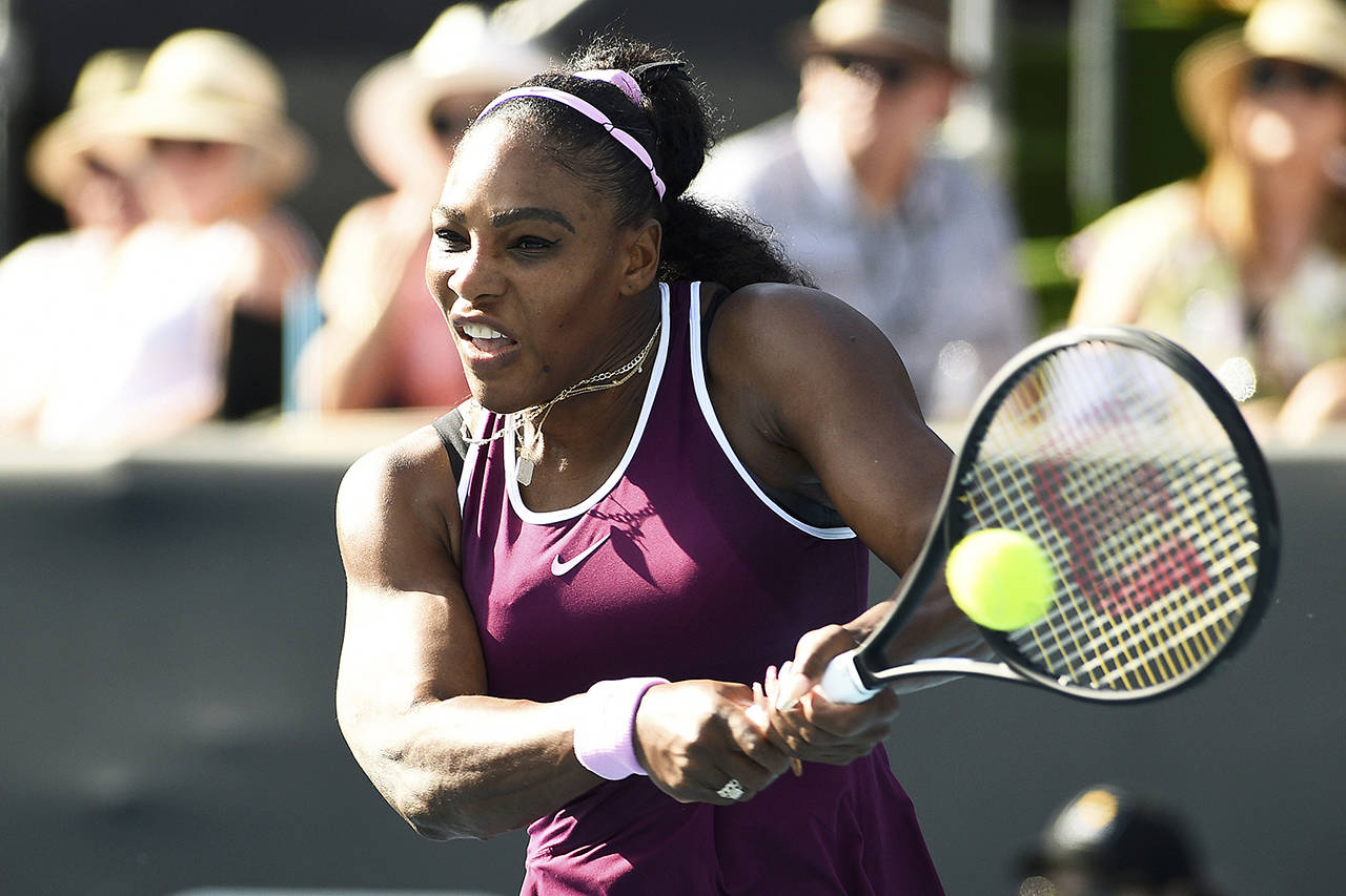 United States’ Serena Williams makes a return during her semifinal match against United States’ Amanda Anisimova at the ASB Classic in Auckland, New Zealand, on Jan. 11. (Chris Symes/Photosport via AP)