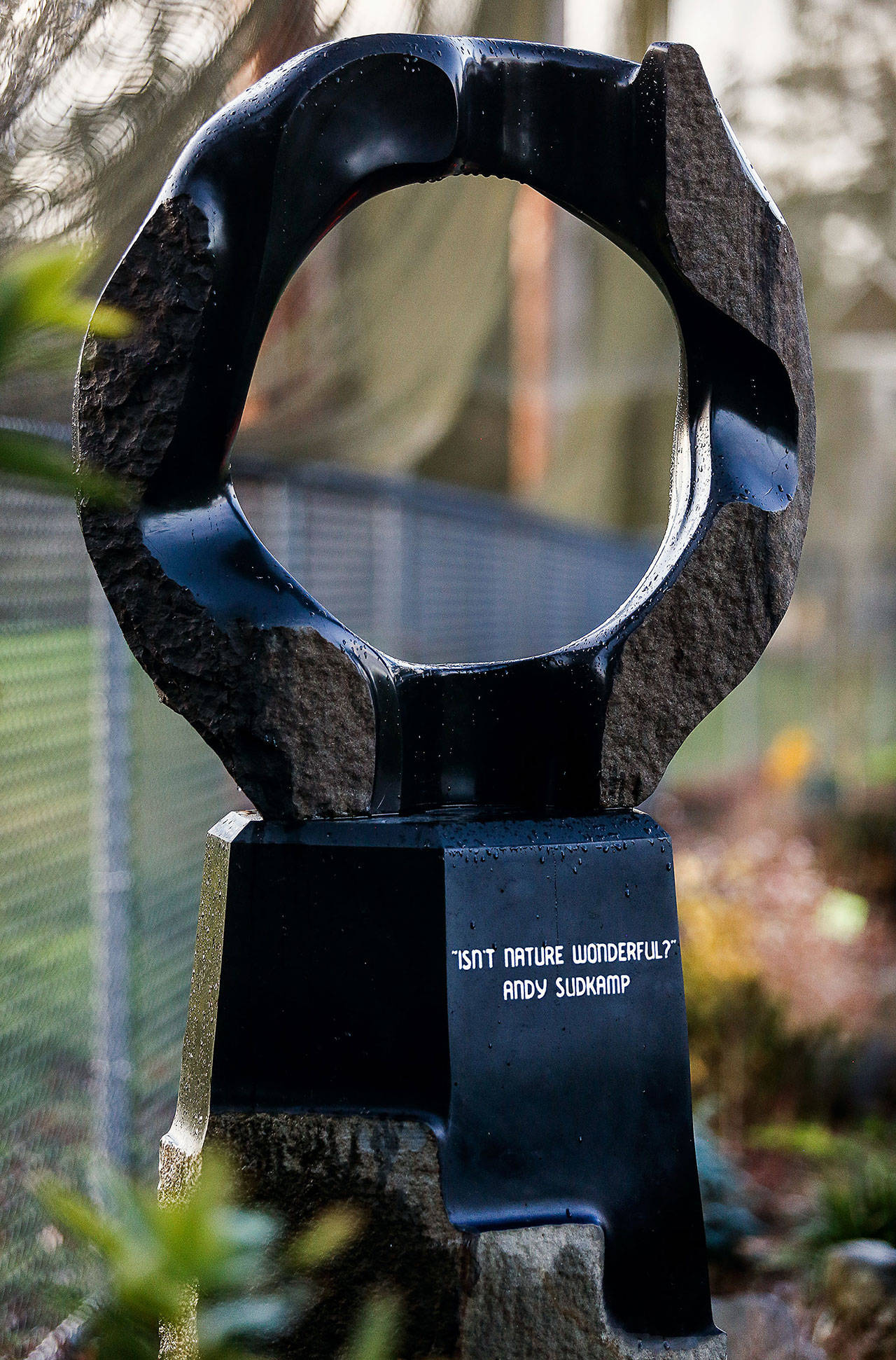 “Equatorial Equinox #5,” a sculpture at Evergreen Arboretum & Gardens, was installed in honor of Andy Sudkamp, an Everett High School teacher who died in 2015. The nonprofit arboretum group raised money to buy the artwork, which it is donating to the city of Everett. (Dan Bates / The Herald)